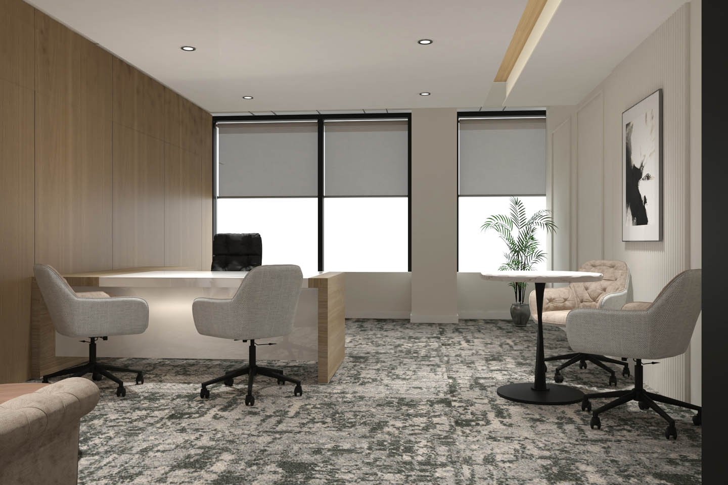 Modern counseling office with wood desk, soft seating, round tables, and large windows creating a calm, professional meeting space.