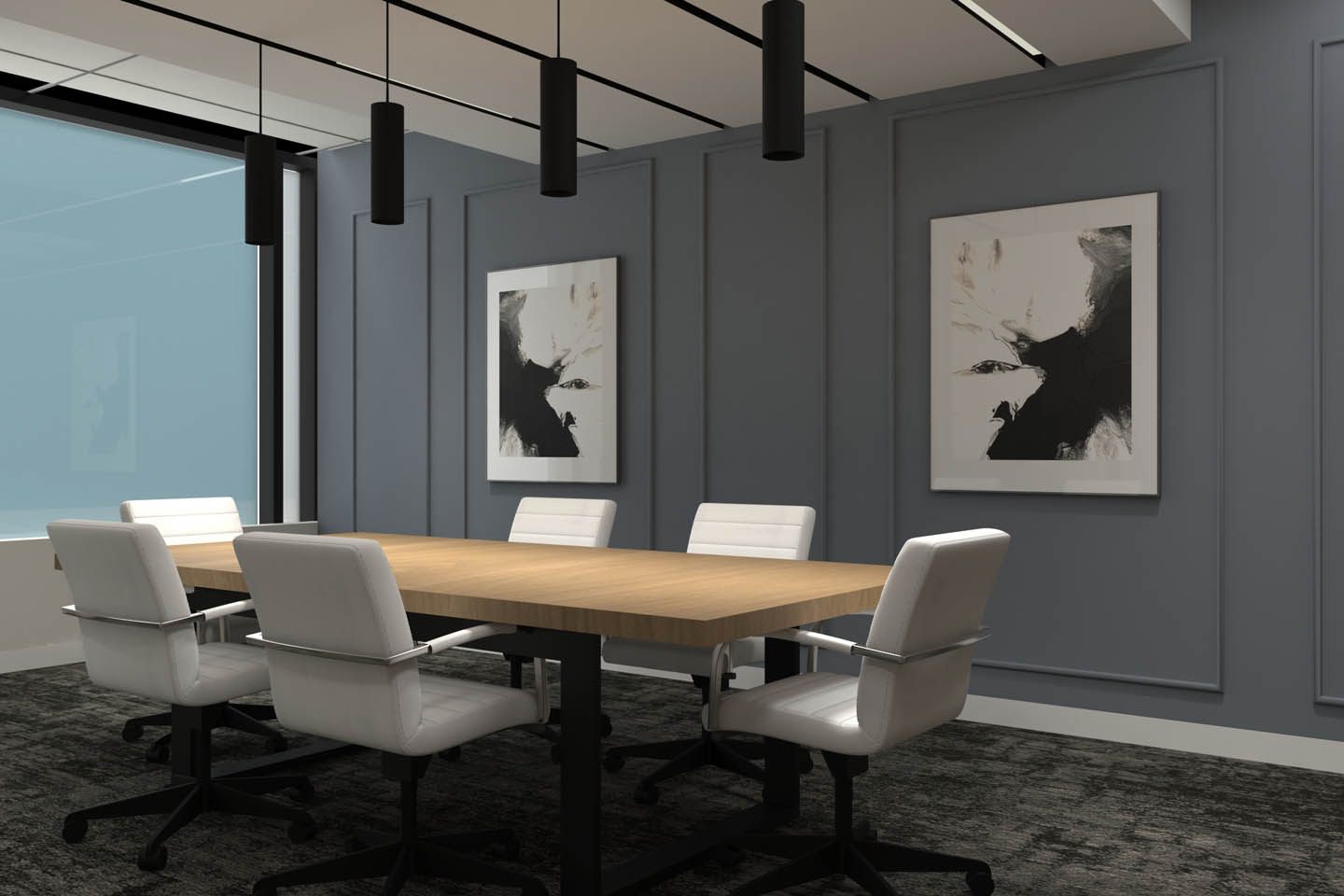 Modern conference room with a wood table, white task chairs, gray paneled walls, framed artwork, and black pendant lights.