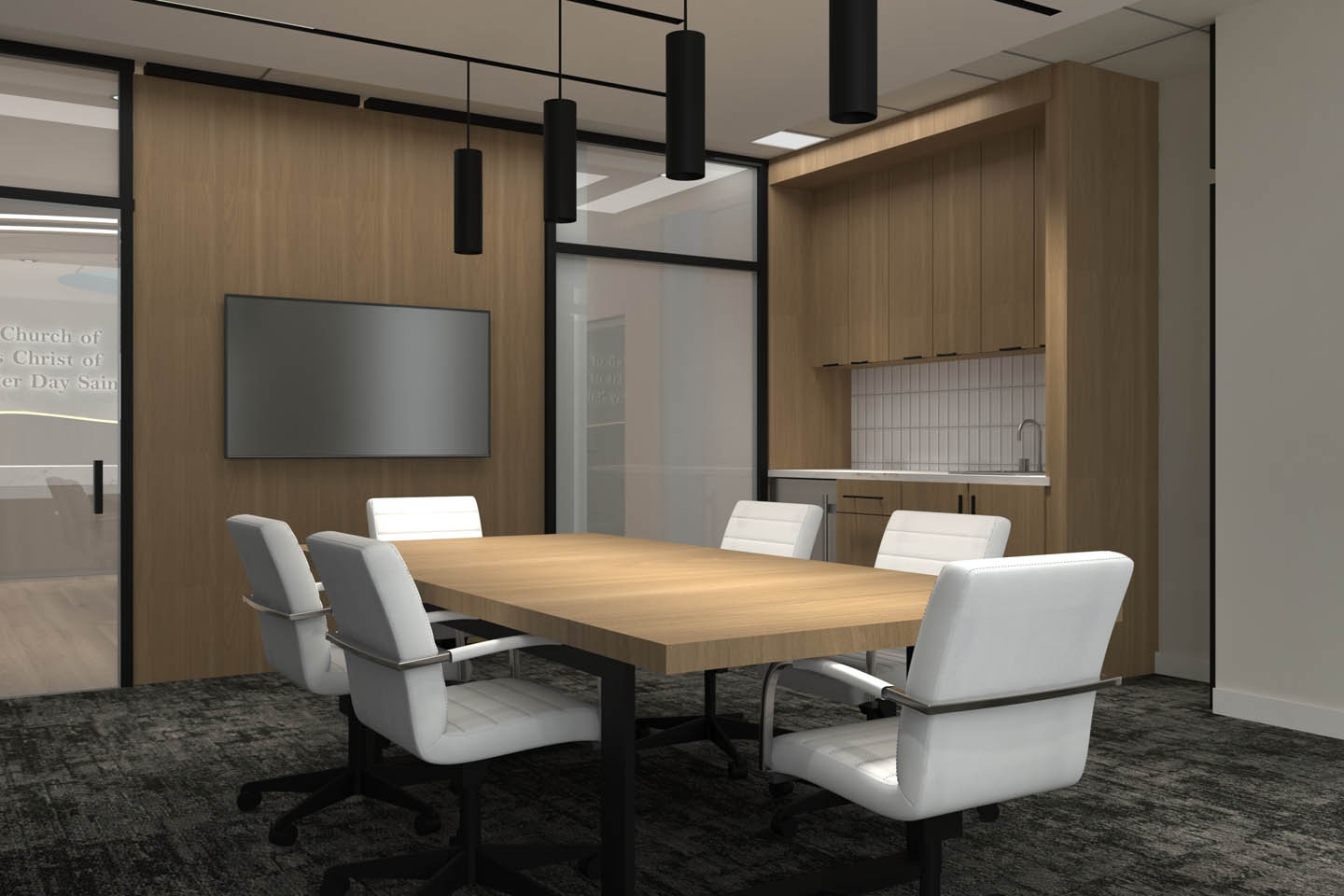 Conference room with a wood meeting table, white swivel chairs, wall-mounted screen, wood cabinetry, and black pendant lights.