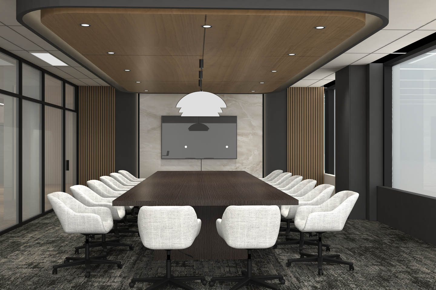 Large conference room with a long wood table, white upholstered chairs, wood ceiling detail, and a wall-mounted display.