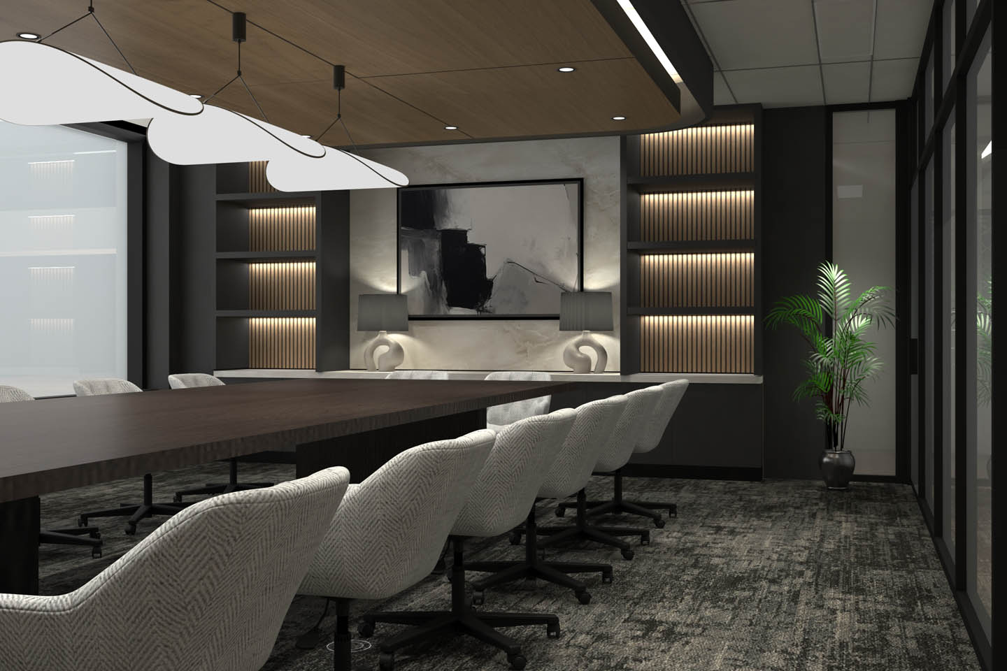 Contemporary boardroom with a long conference table, upholstered chairs, wood ceiling, integrated shelving, and pendant lighting.