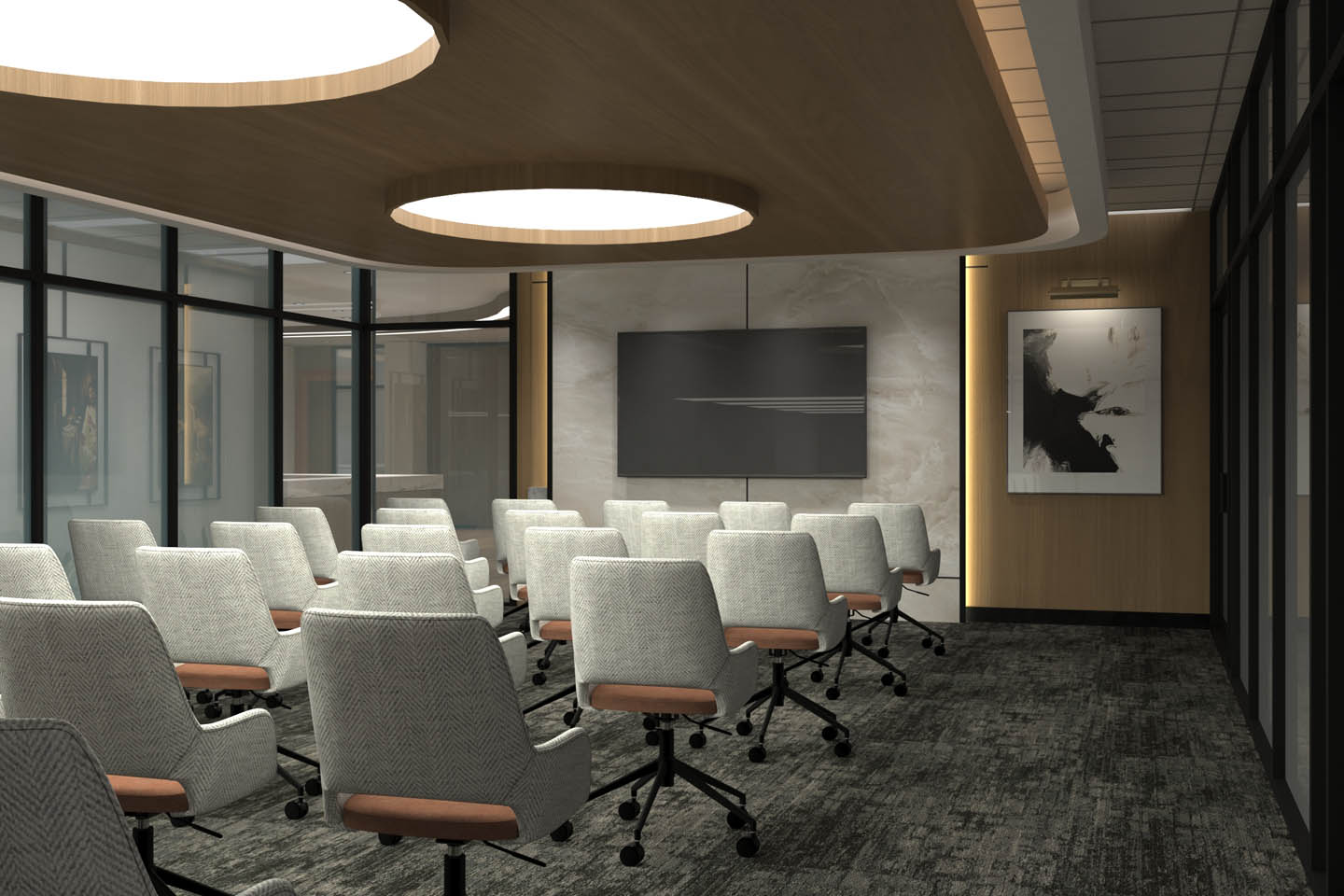 Modern conference room with rows of upholstered task chairs, wood ceiling panels, glass walls, and integrated lighting.