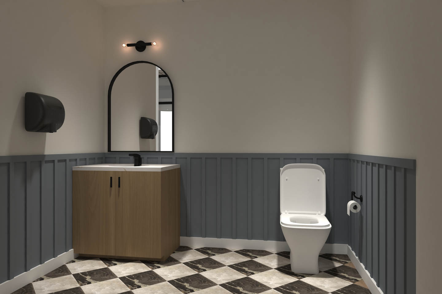 Single-user washroom with wood vanity, arched mirror, wall sconce, paneled wainscoting, and black-and-white tile floor.