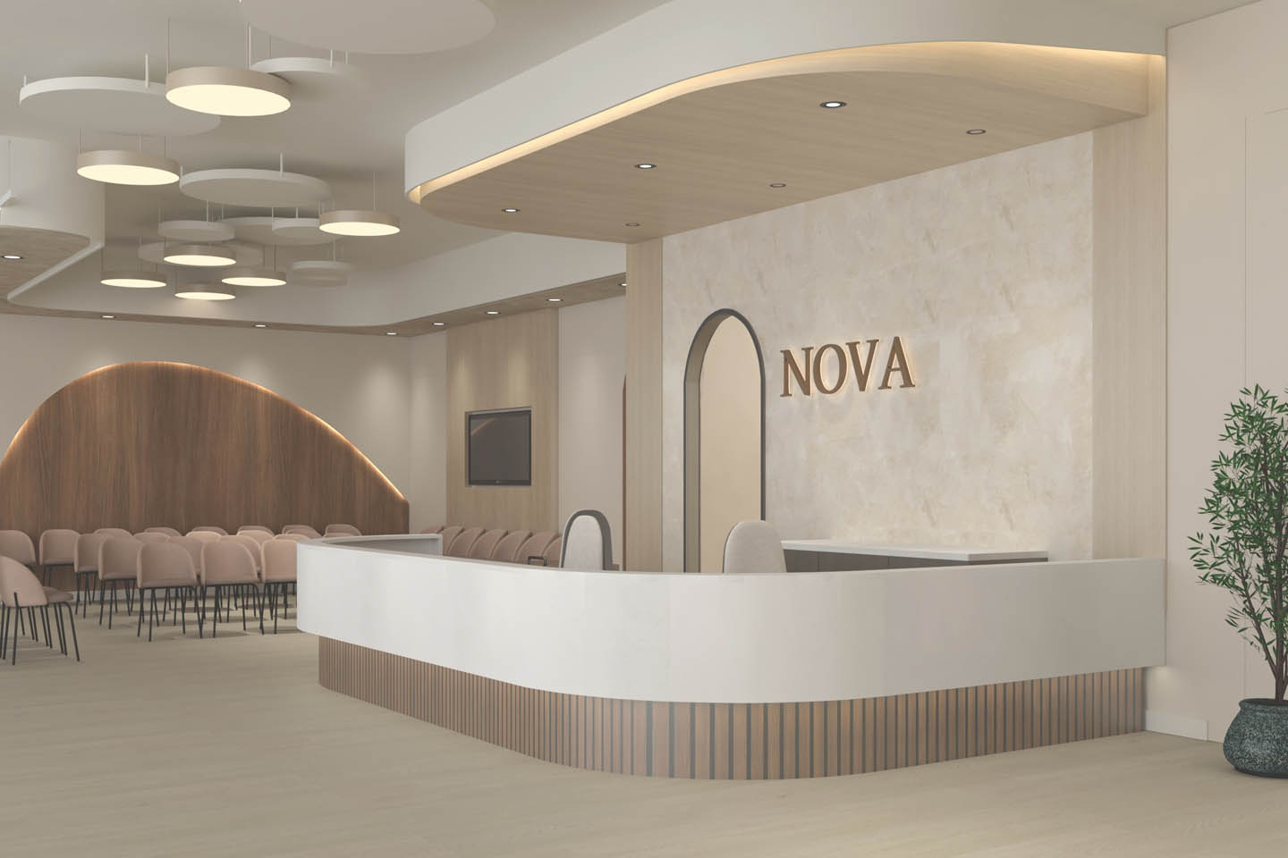 Modern medical clinic reception with curved desk, NOVA logo wall, seating area, and pendant ceiling lights.