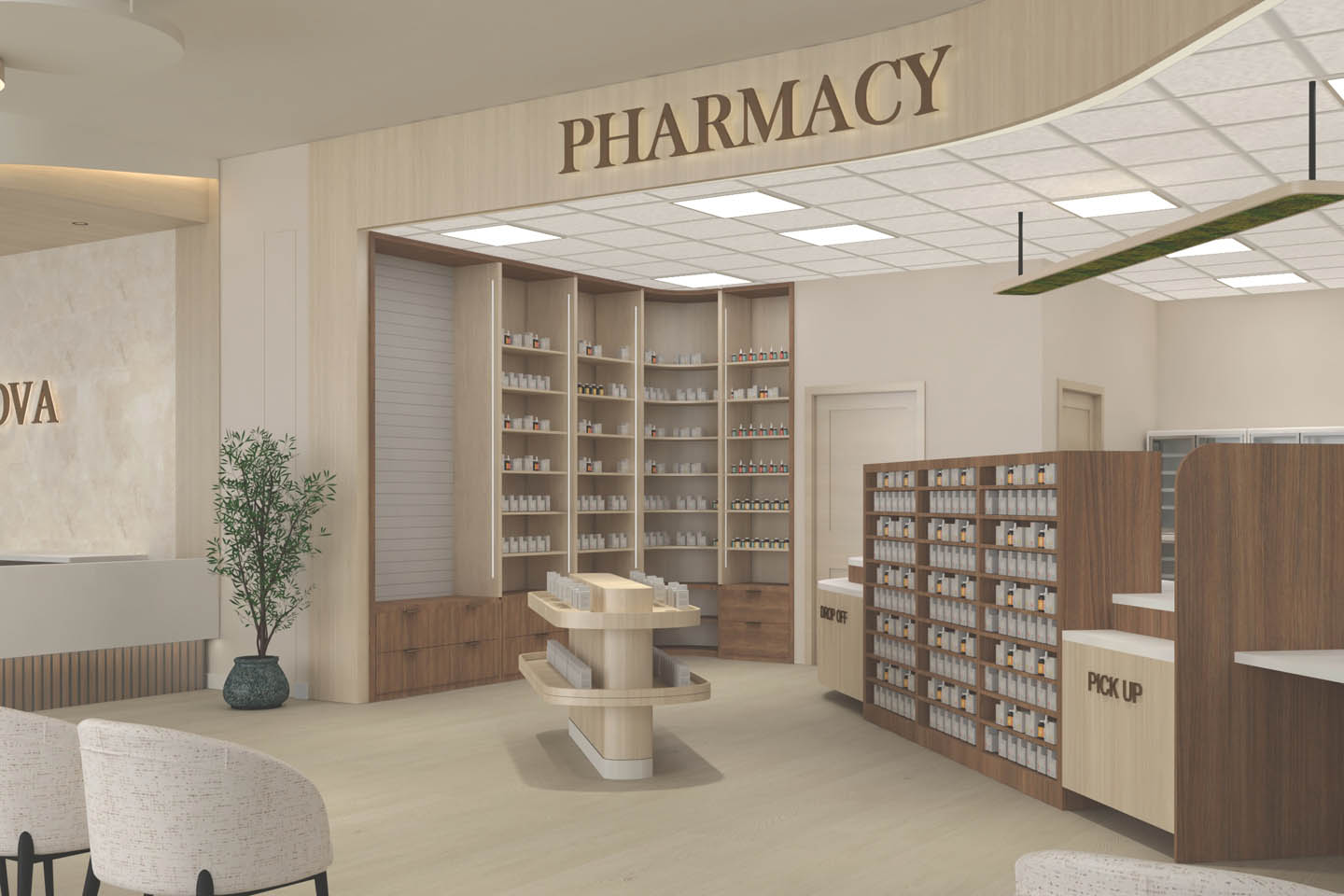 Pharmacy interior with wood shelving, labeled drop-off and pick-up counters, central display, prescription storage, and soft ambient lighting.