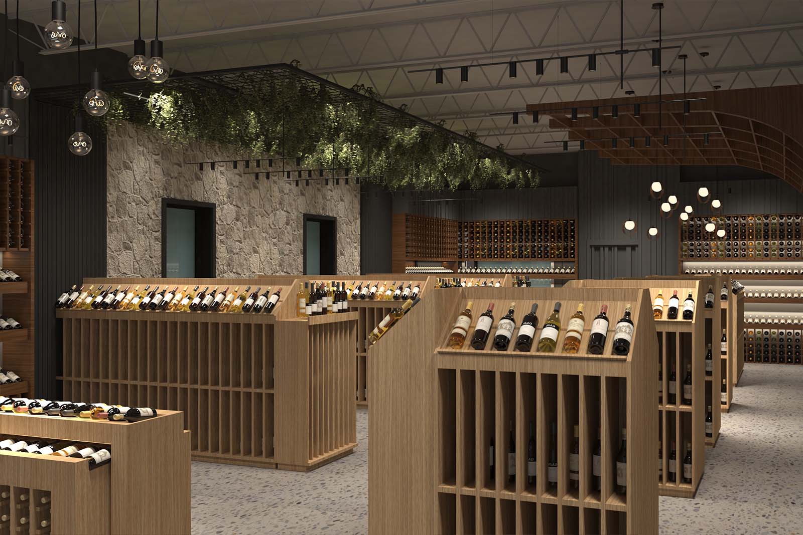 Warm wood displays, stone arch details, and soft greenery create an inviting, upscale wine retail experience.