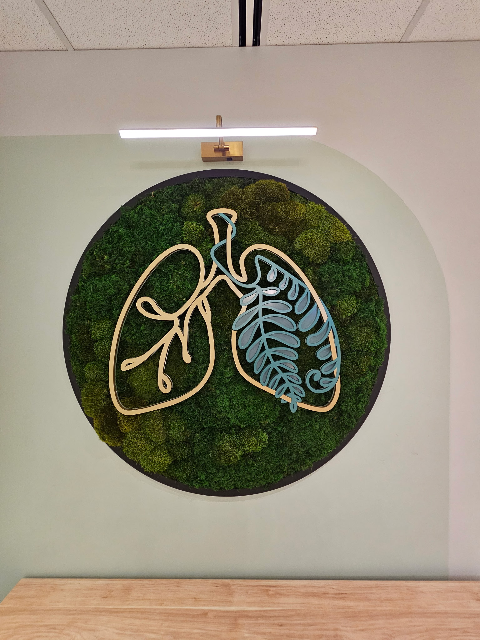 Close-up of circular moss wall artwork featuring a sculpted lung illustration in gold and teal on preserved green moss.