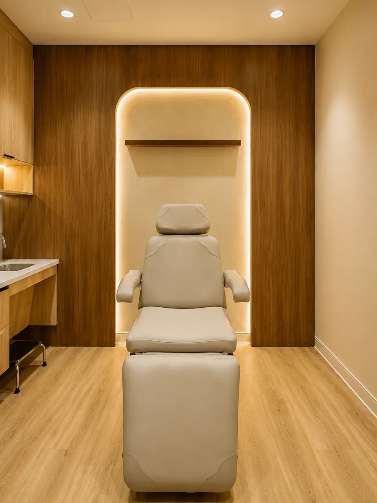 Treatment room with cream leather chair centered in backlit wood arch niche