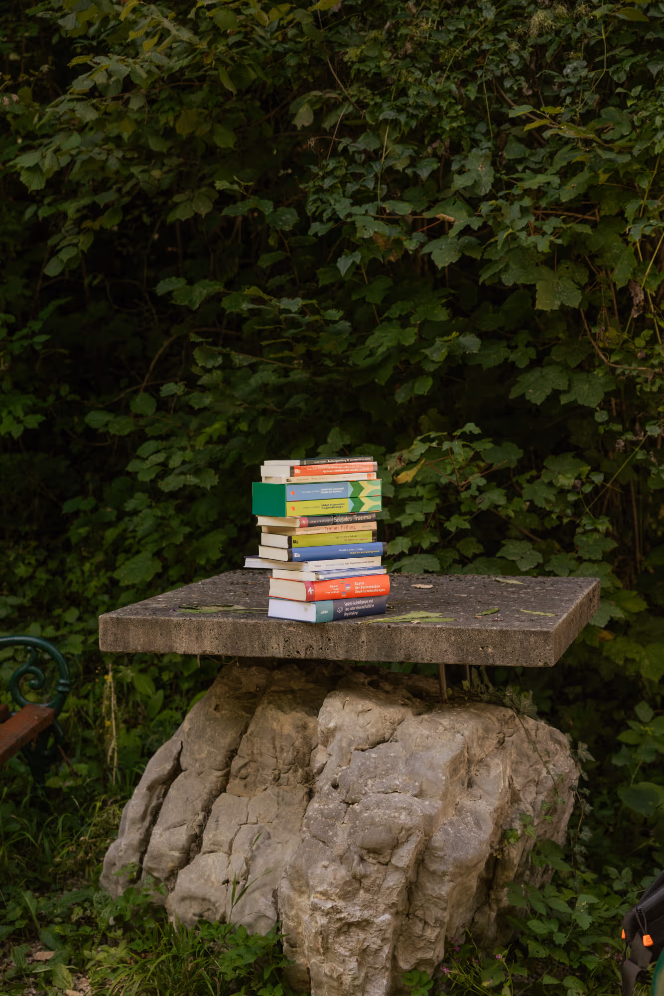 Bücher liegen auf einem Stein