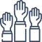 Four raised hands of different sizes with cuffed sleeves in a line.