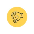 Hand dropping a coin with a dollar sign inside a yellow circle on a white starburst background.