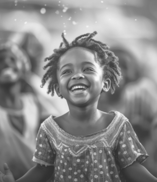 Smiling young girl with curly hair wearing a patterned dress looking upward with blurred people in background.