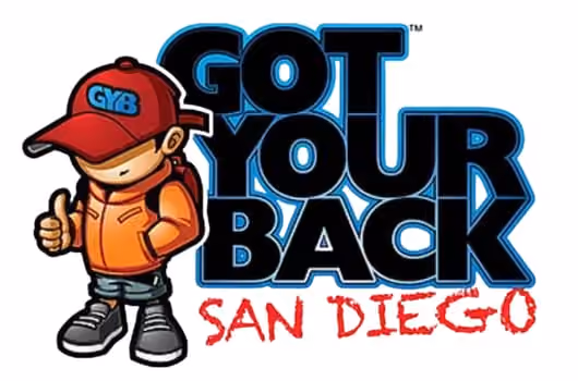 Cartoon character wearing a red cap and orange jacket giving a thumbs up next to bold text 'GOT YOUR BACK' and red text 'SAN DIEGO'.
