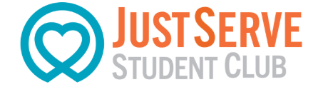 JustServe Student Club logo with a blue heart-shaped icon and orange and gray text.