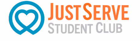 JustServe Student Club logo with a blue heart-shaped icon and orange and gray text.