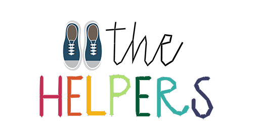 Logo with illustration of blue shoes and text 'the HELPERS' in colorful and stylized font.