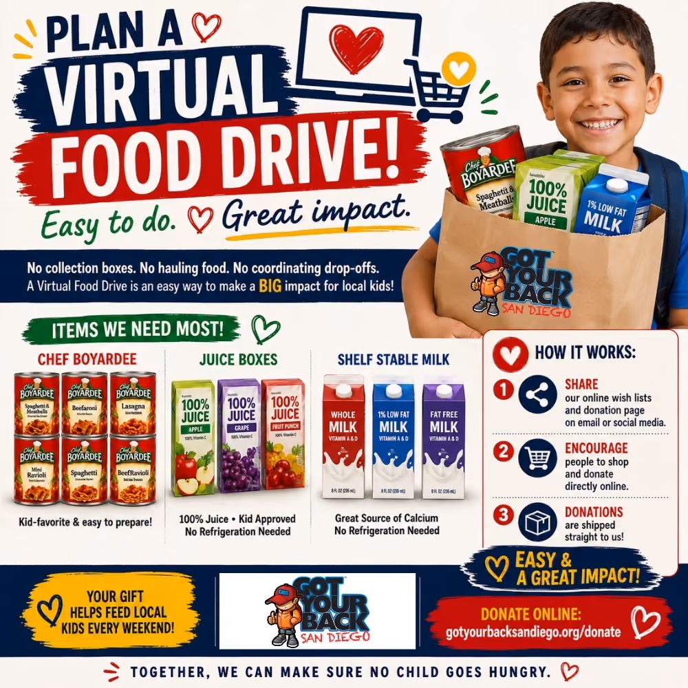 Smiling boy holding grocery bag with milk, juice, and canned food for a virtual food drive event.