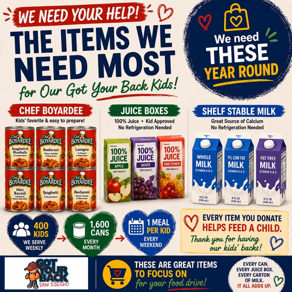 Food drive needs Chef Boyardee cans, juice boxes, and shelf-stable milk to feed kids weekly.