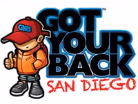 Cartoon character wearing a red cap with GYB initials, orange hoodie, giving a thumbs-up next to large blue text saying 'GOT YOUR BACK' and red text below saying 'SAN DIEGO'.