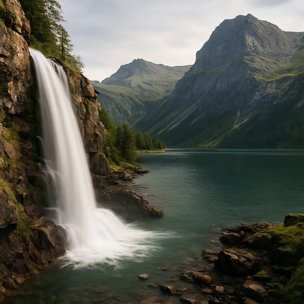 Wasserfall fällt von felsiger Klippe in einen ruhigen Bergsee mit bewaldeten Berghängen im Hintergrund.