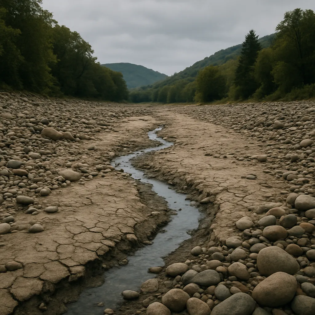 Ausgetrocknetes Flussbett mit kleinen Wasserresten, umgeben von Kieseln und bewaldeten Hügeln im Hintergrund.