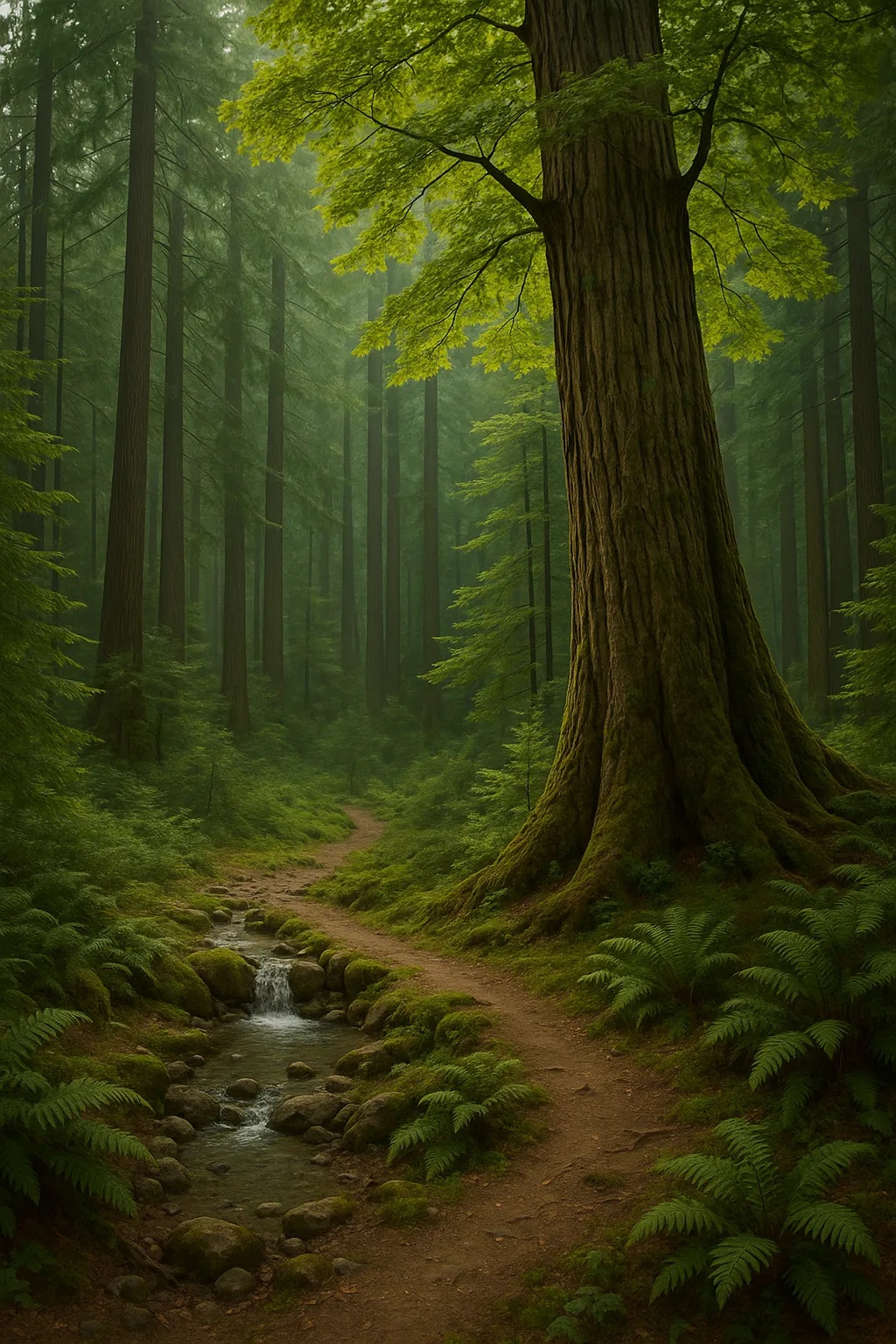 Pfad neben einem kleinen Bach, umgeben von moosbedeckten Steinen und Farnen in einem dichten, grünen Wald mit hohen Bäumen.