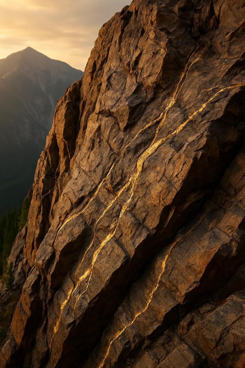 Nahaufnahme einer Felswand mit goldfarbenen Adern im warmen Sonnenlicht, im Hintergrund ein Berg unter einem bewölkten Himmel.