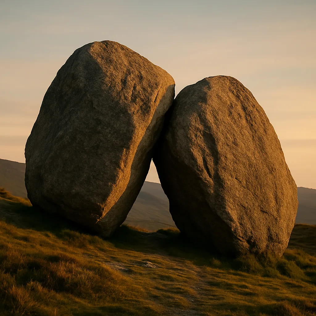 Zwei große Felsen, die sich auf einer grasbewachsenen Hügelspitze bei Sonnenuntergang berühren.