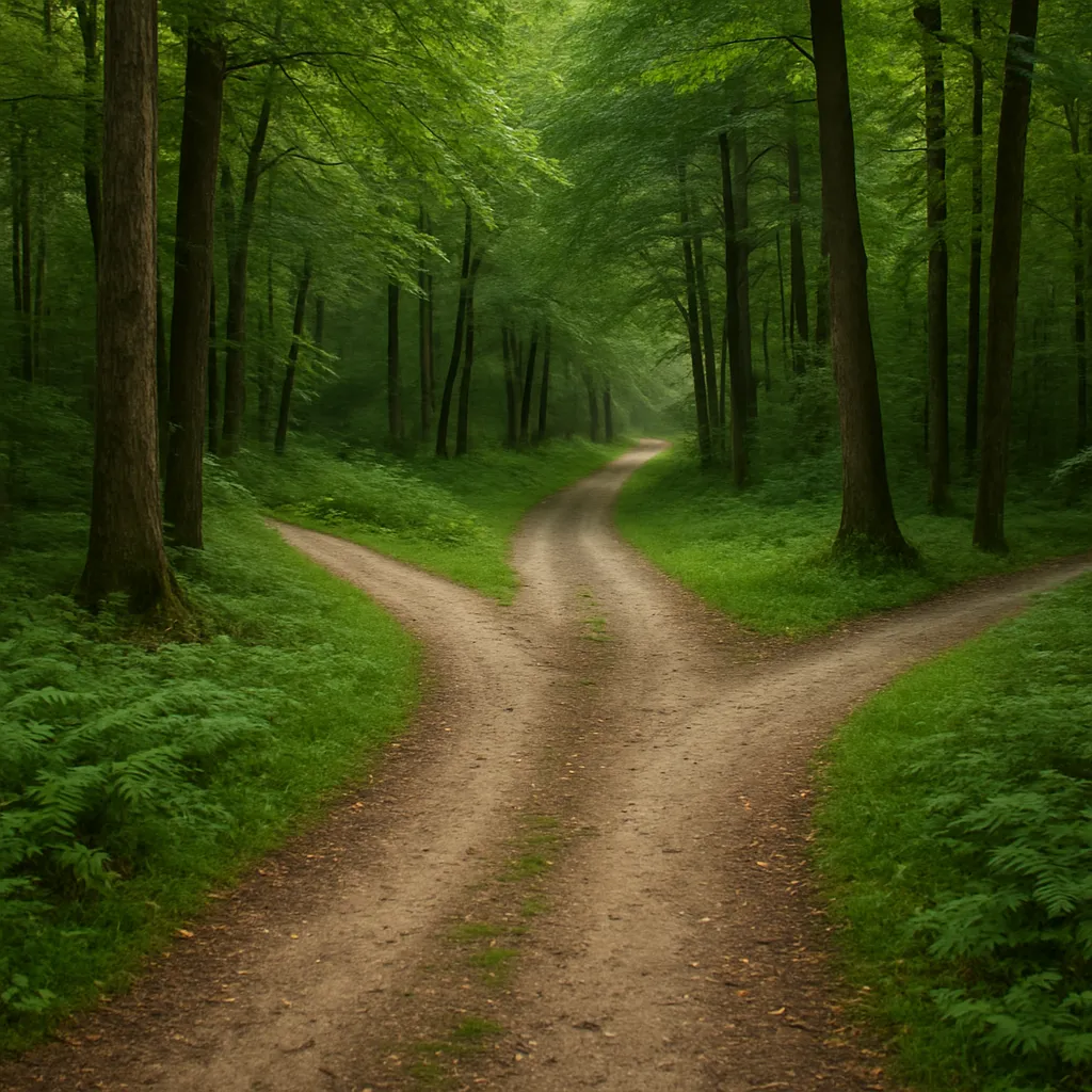 Drei Wege, die sich in einem dichten grünen Wald verzweigen.