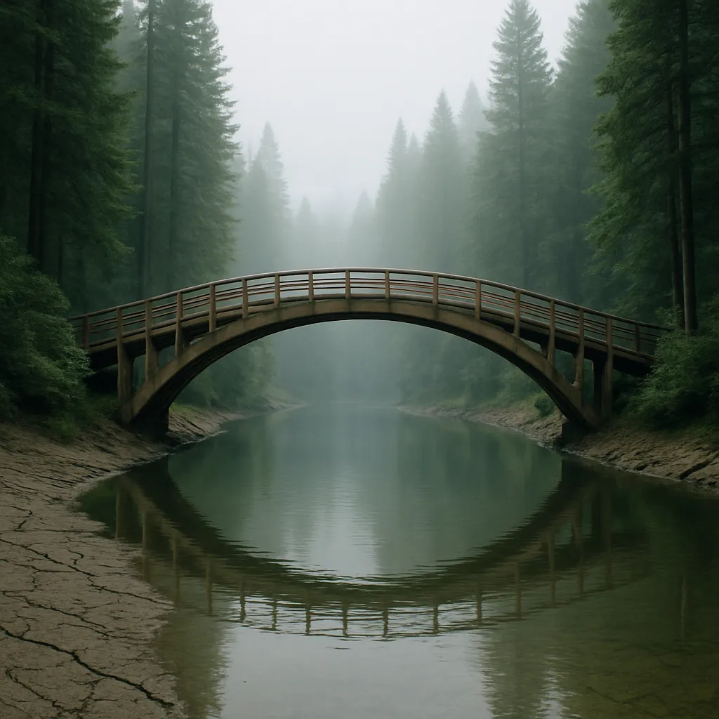 Eine kleine Brücke aus Holz über einen ruhigen Fluss, umgeben von hohen, nebligen Tannenwäldern.