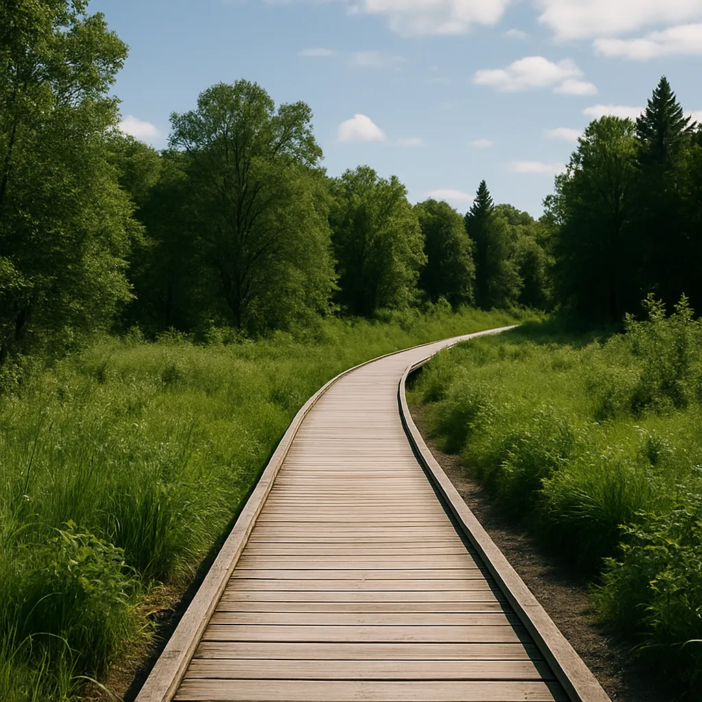 Holzsteg, der sich durch grünes Gras und Bäume unter einem blauen Himmel schlängelt.