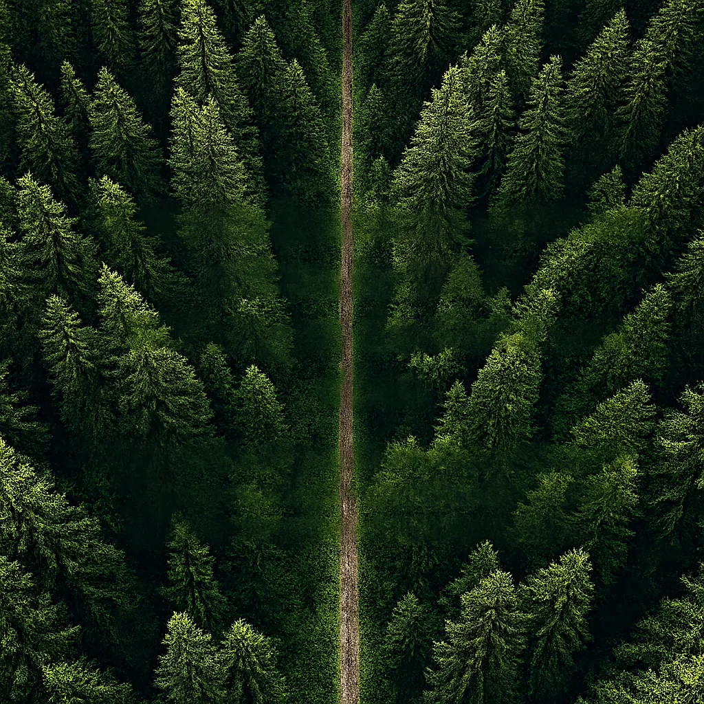 Luftaufnahme eines schmalen Waldwegs durch dichten, grünen Nadelwald.
