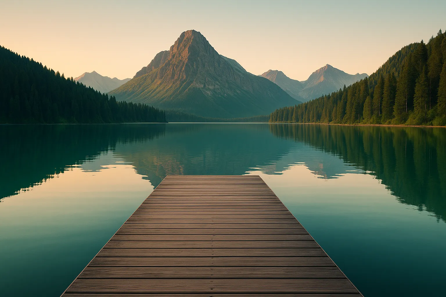 Steg führt auf einen ruhigen Bergsee mit spiegelglattem Wasser und bewaldeten Bergen im warmen Morgenlicht.