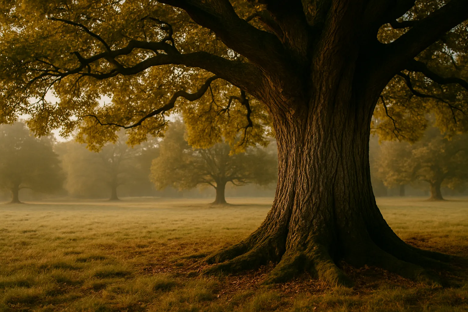 Großer, verwurzelter Baum auf grasbewachsenem Feld mit weiteren Bäumen im dunstigen Hintergrund.