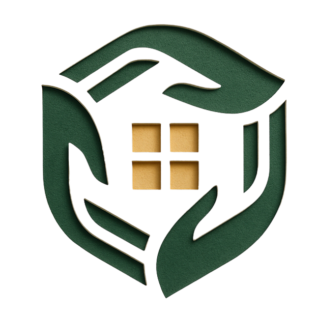 Vier grüne Hände formen einen schützenden Kreis um vier kleine gelbe Quadrate, die ein Fenster symbolisieren.