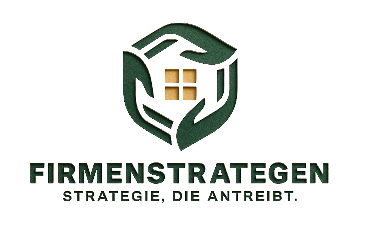 Logo mit vier grünen Händen, die ein stilisiertes Haus mit vier Fenstern umschließen, dazu Schriftzug Firmenstrategen und der Text Strategie, die antreibt.