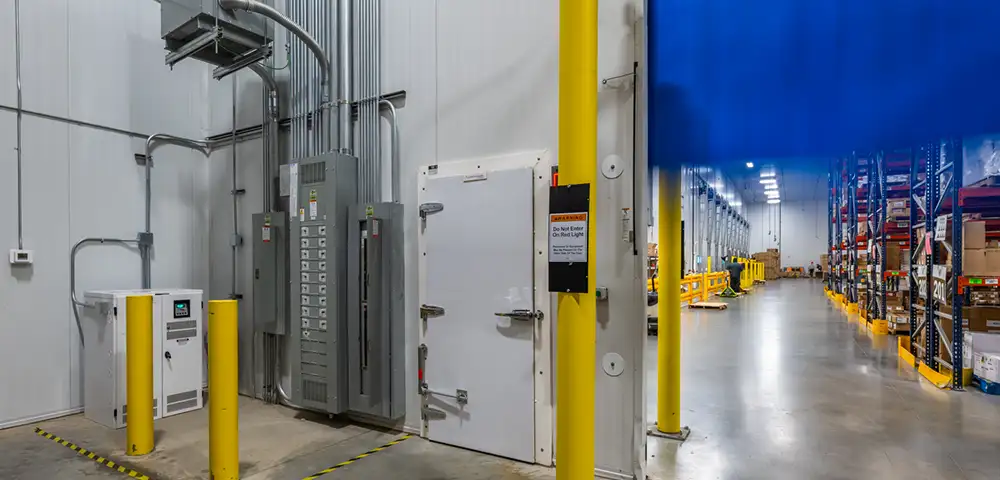 Inside view of a factory with yellow poles and stocked shelves