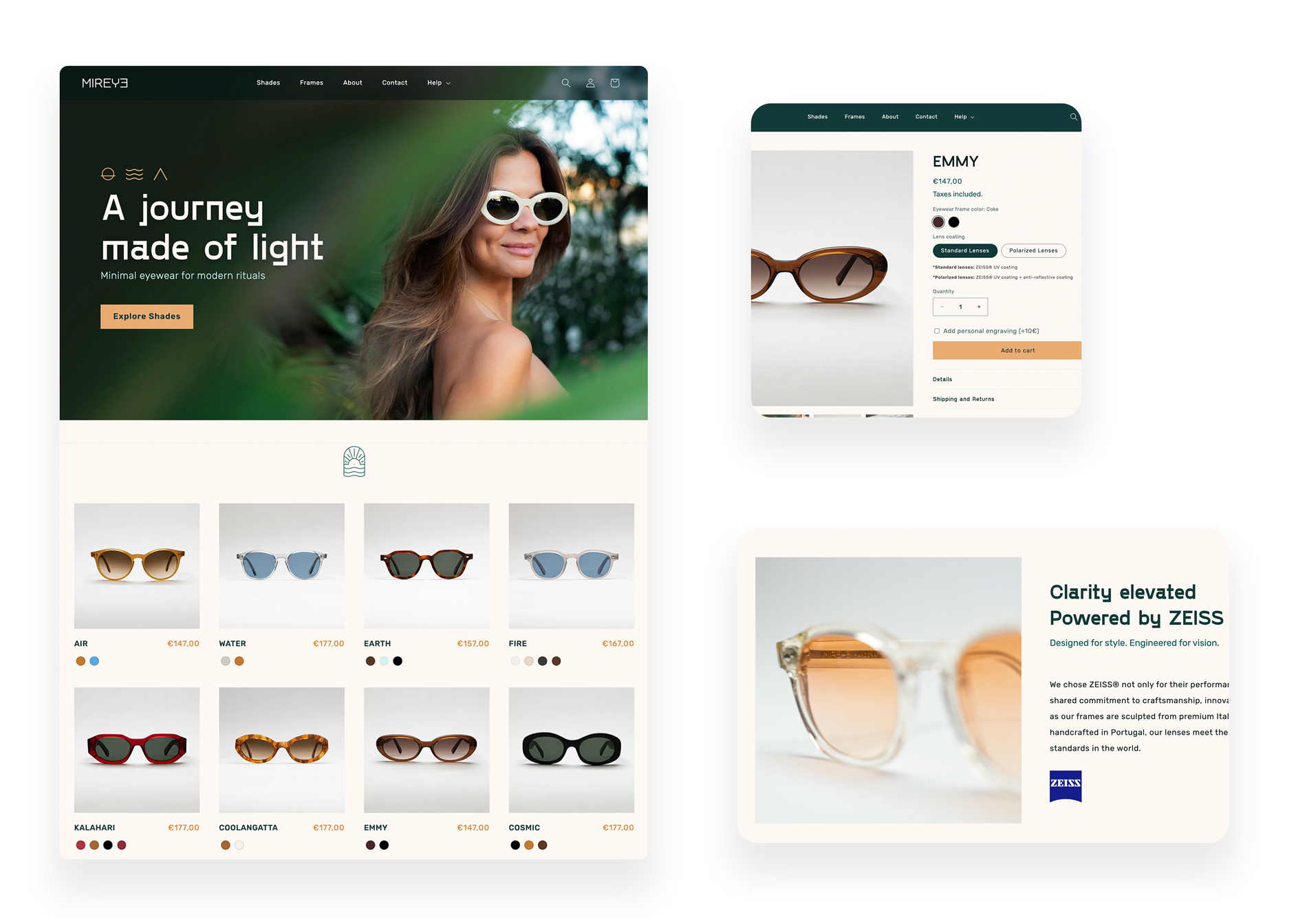 Mireye homepage featuring highlighted sunglasses products and call to action