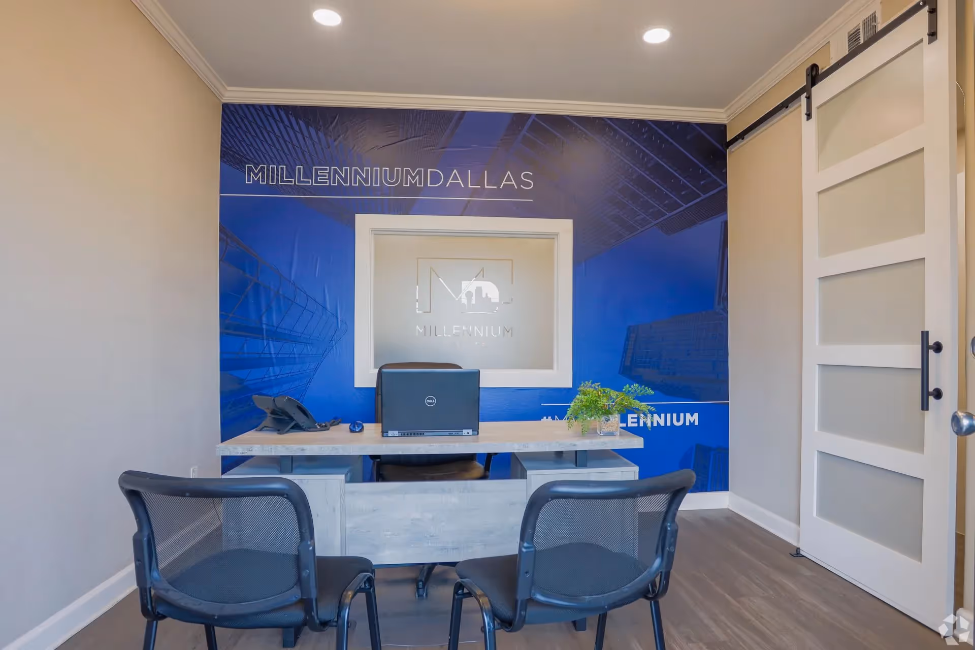 Front desk with blue wall