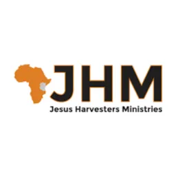 Logo with an orange silhouette of Africa next to bold letters 'JHM' and the text 'Jesus Harvesters Ministries' underneath.