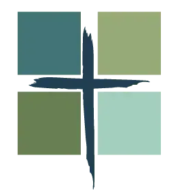 Four squares in a 2x2 grid with muted greenish and blue tones and a dark cross shape overlapping the center.