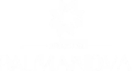 Logotipo de Edificios Palmanova con un diseño floral abstracto encima del texto.