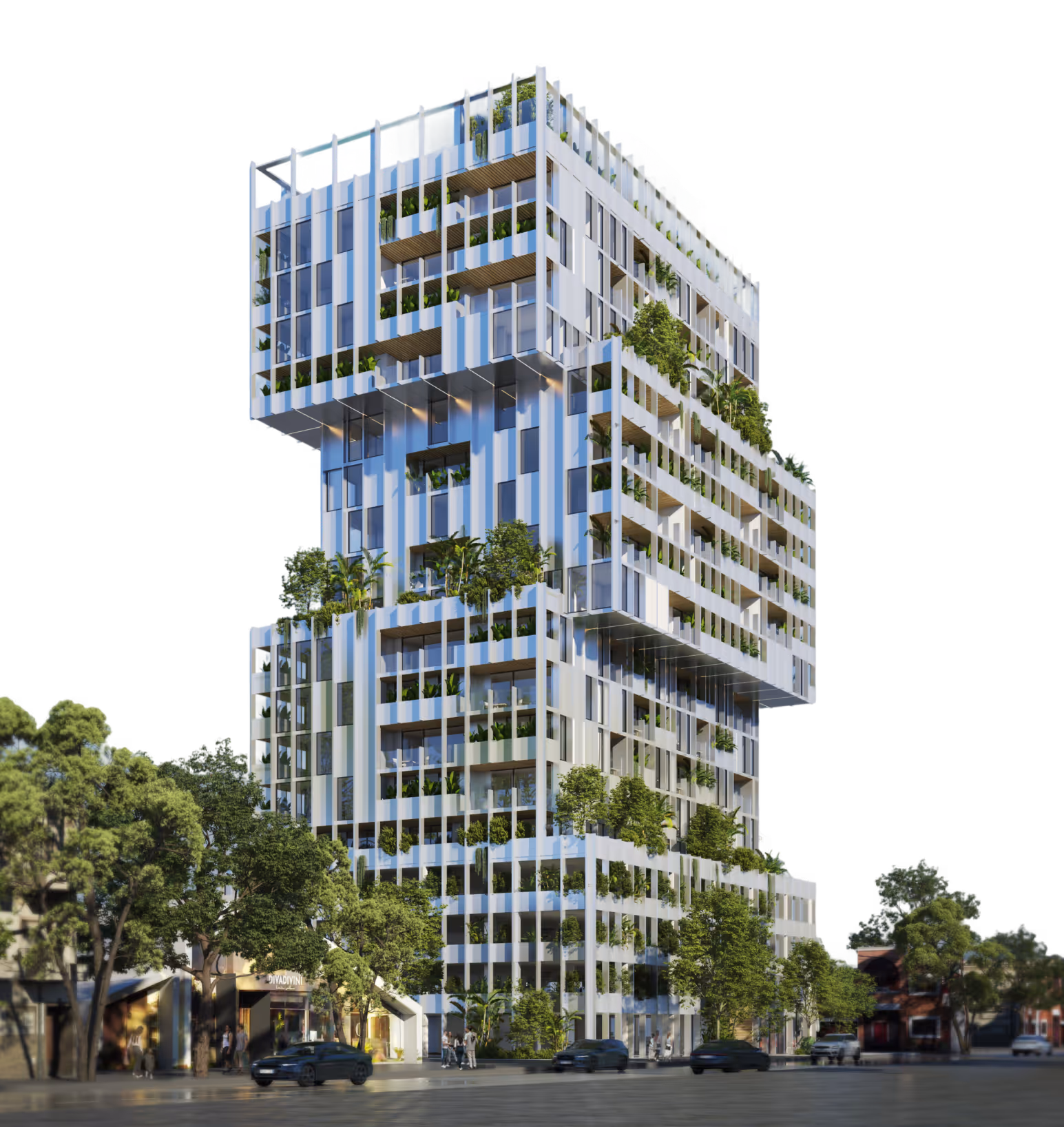 Edificio moderno con balcones y terrazas llenos de vegetación, ubicado en una calle urbana con automóviles y árboles.