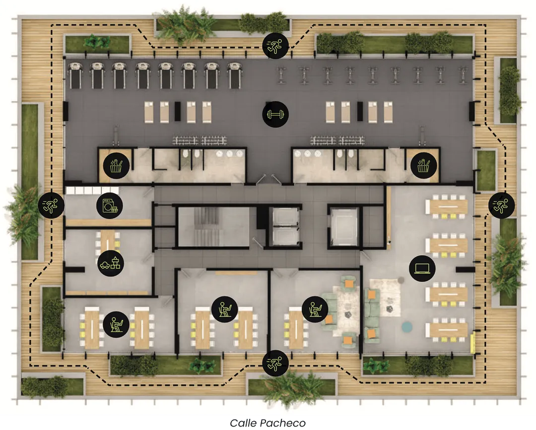 Plano del sexto piso mostrando áreas comunes con gimnasio en la parte superior, salas de estudio y coworking en el centro, y espacios de juegos y lavandería al lado izquierdo, rodeado por una senda para correr.