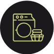Ícono de lavadora y cesta de ropa en fondo negro.