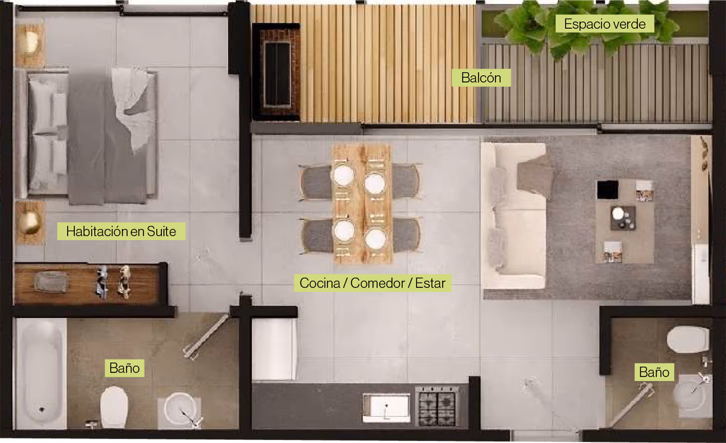 Plano de departamento con habitación en suite, cocina/comedor/estar, dos baños, balcón y espacio verde.