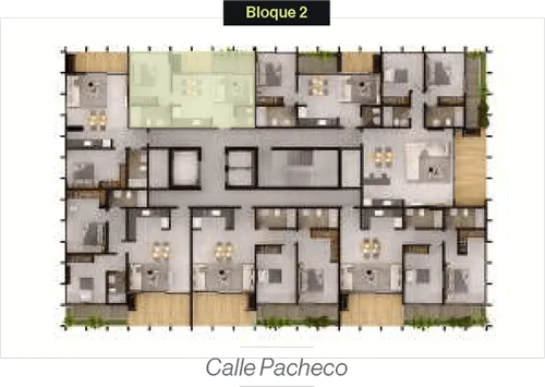 Plano de planta del Bloque 2 de un edificio con múltiples departamentos y áreas destacadas en color claro.