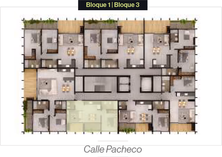 Plano arquitectónico con distribución de unidades residenciales para Bloque 1 y Bloque 3 mostrando habitaciones, salas y áreas comunes.