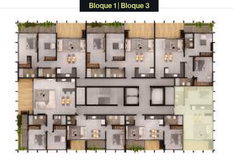 Plano en planta de un edificio con varias unidades residenciales distribuidas a lo largo de un pasillo central, señalando bloques 1 y 3.