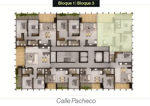 Plano arquitectónico del primer piso mostrando distribución de apartamentos en Bloque 1 y Bloque 3.